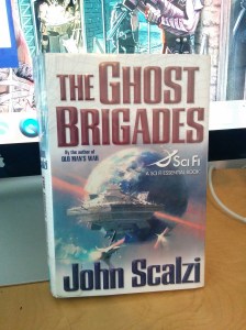 Hardcover edition of The Ghost Bridages by John Scalzi, on loan from the Louisville Free Public Library